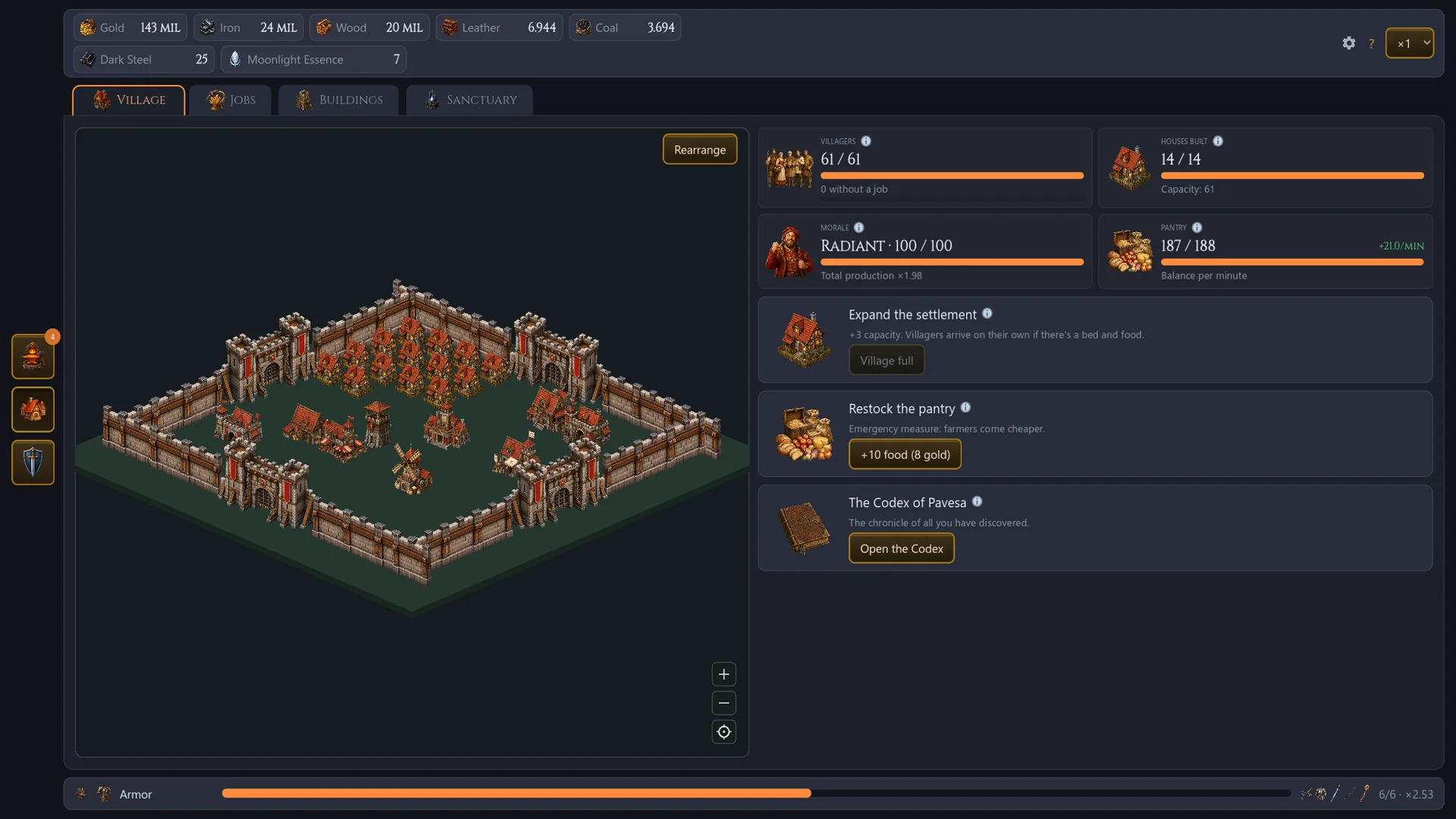 Village management screen showing population and professions